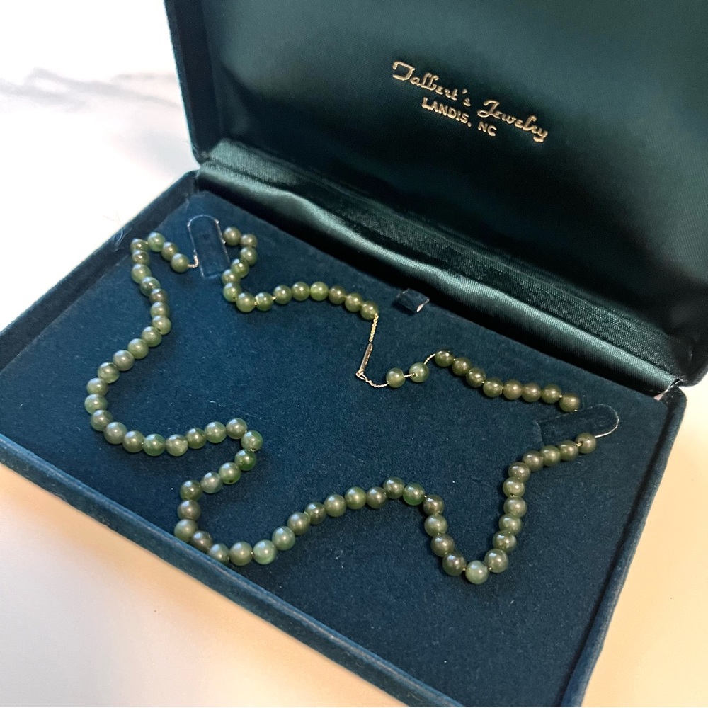 Wonderful Natural Nephrite Jade Bead Necklace strung on Solid 14K Gold Chain